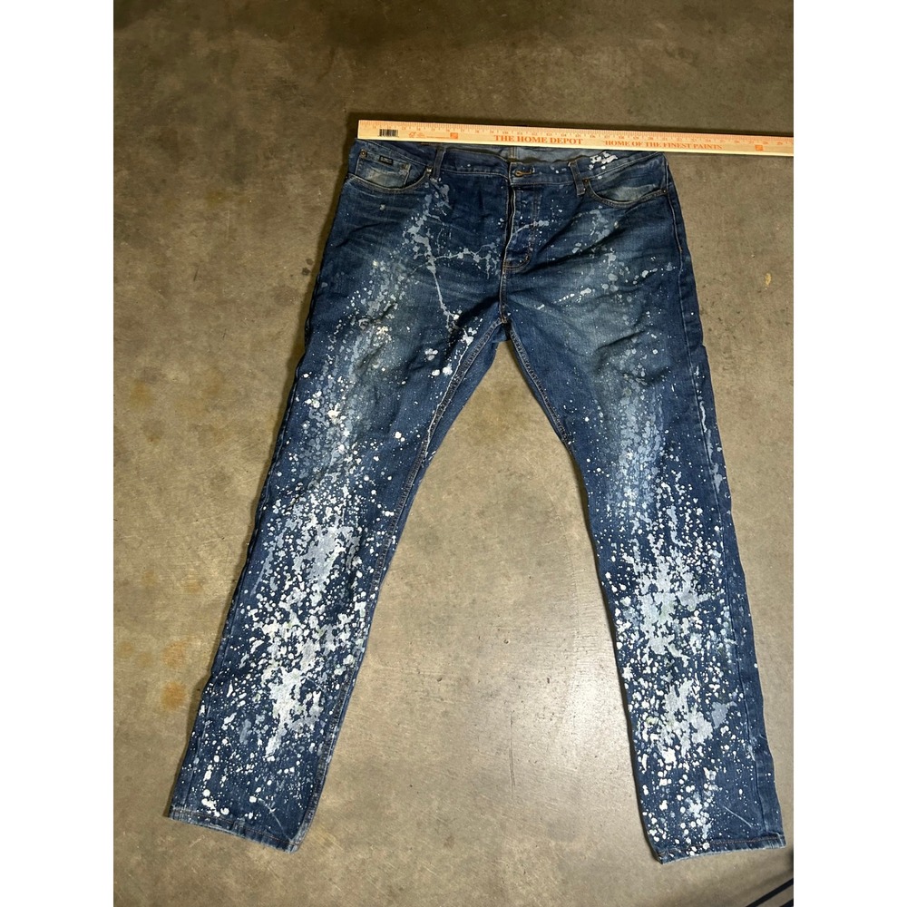 Born Fly Mens Paint Splatter Denim Jeans Blue White Streetwear Size 42 x 31
